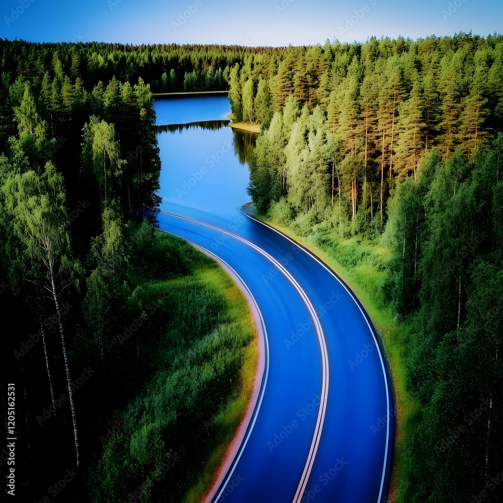 Fototapeta premium Blue Road Winds Through Lush Green Forest beside Tranquil Lake at Sunrise