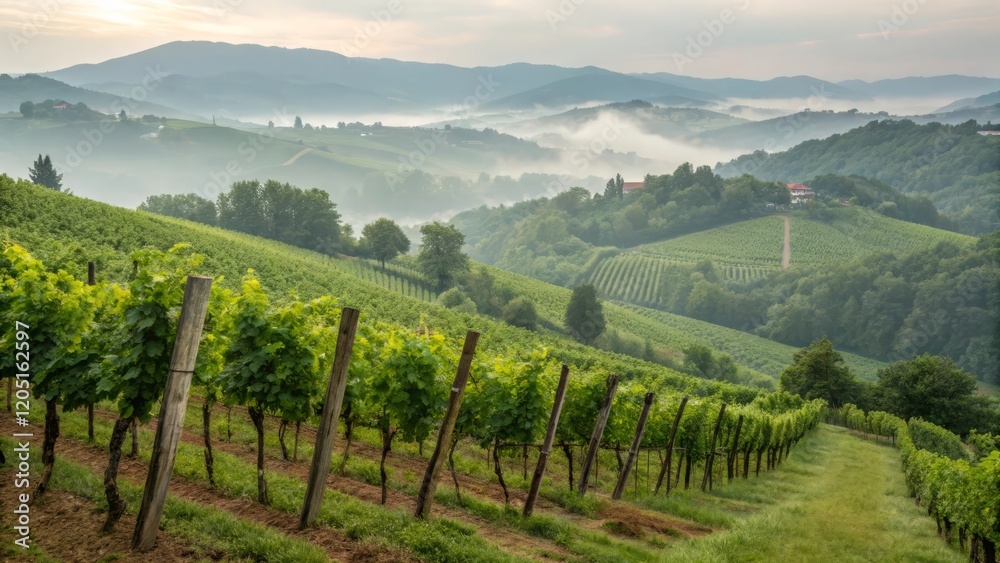 Misty Vineyard Hills: Rolling hills blanketed in mist, showcasing rows of lush green grapevines in a picturesque vineyard landscape. A tranquil scene of nature's bounty. Misty Vineyard Hills: Rolling hills blanketed in mist, showcasing rows of lush green grapevines in a picturesque vineyard landscape. A tranquil scene of nature's bounty.