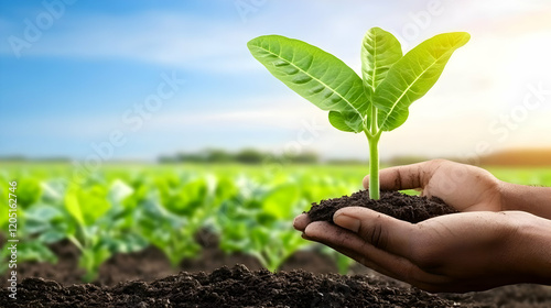 Hands holding young plant w...