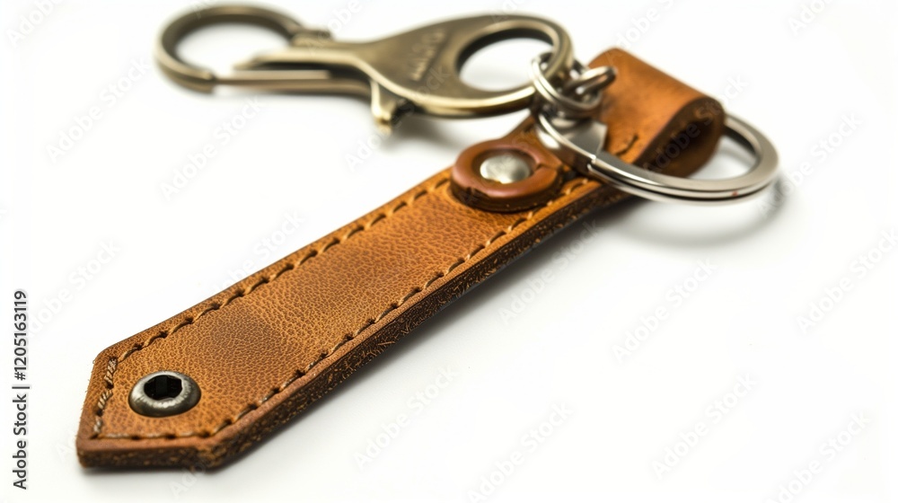 A leather keychain with metallic details, displayed against a white background. A leather keychain with metallic details, displayed against a white background.