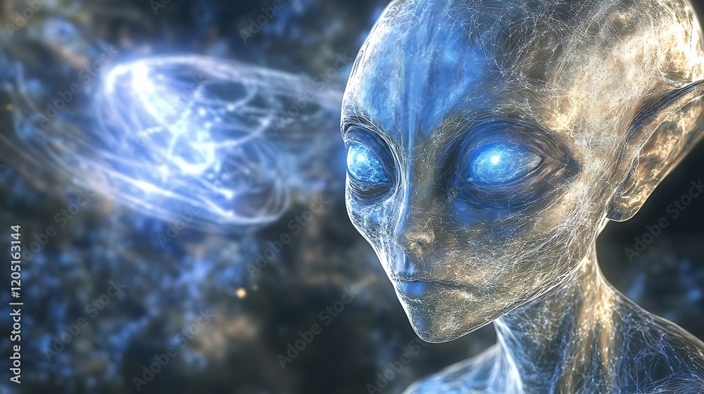 An alien constructing a starship using thought energy, with cosmic structures forming around them An alien constructing a starship using thought energy, with cosmic structures forming around them