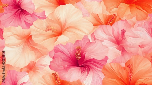 Vibrant Hibiscus Pattern, bold pink and orange hues create a lively and intricate design, perfect for textiles and home decor.