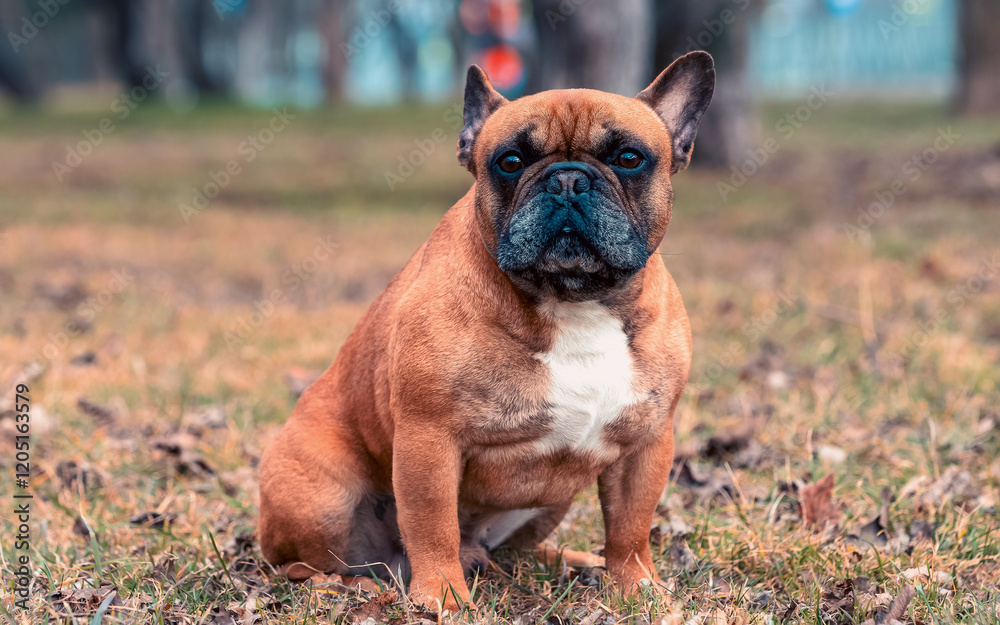 bright red-haired male of the French bulldog breed sitting among dry leaves in autumn in a city park bright red-haired male of the French bulldog breed sitting among dry leaves in autumn in a city park