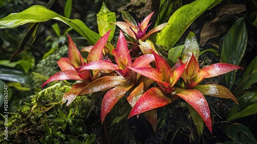 Vibrant Red Bromeliad Flowers in Lush Tropical Rainforest Setting