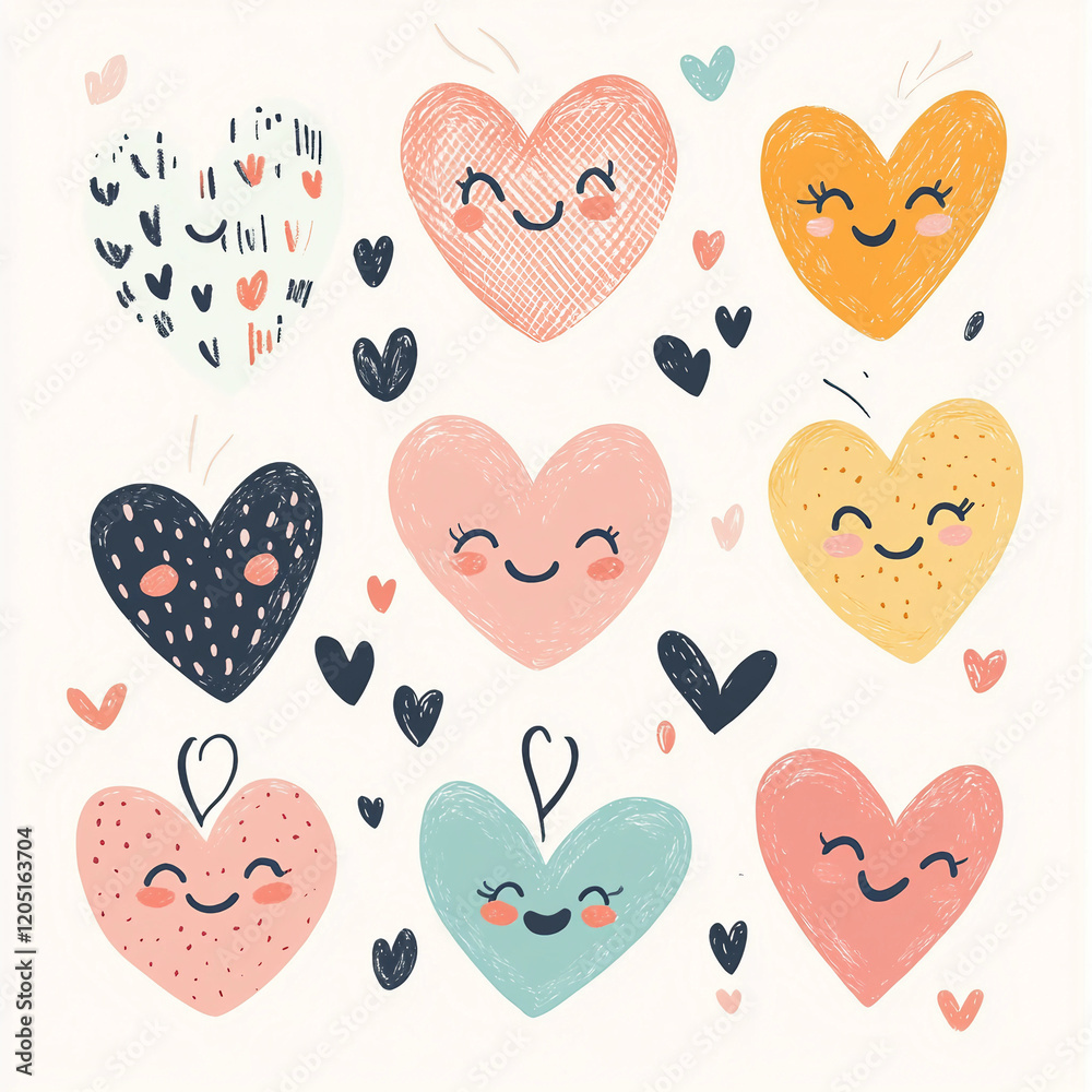 A set of cartoon hearts with smiling faces and a variety of colors A set of cartoon hearts with smiling faces and a variety of colors