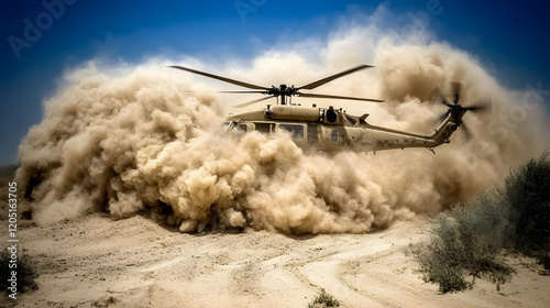 Helicopter Creates a Massive Dust Cloud While Landing in the Desert on a Sunny Day photo