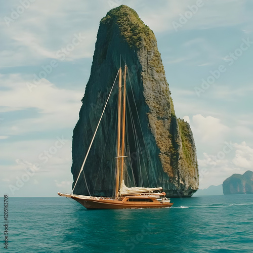 Wooden sailboat sails past ...