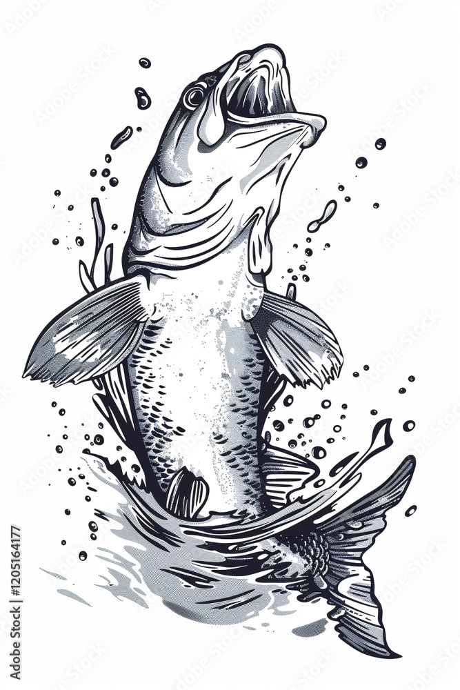 Fototapeta premium Black and White Illustration of Fish Leaping from Water