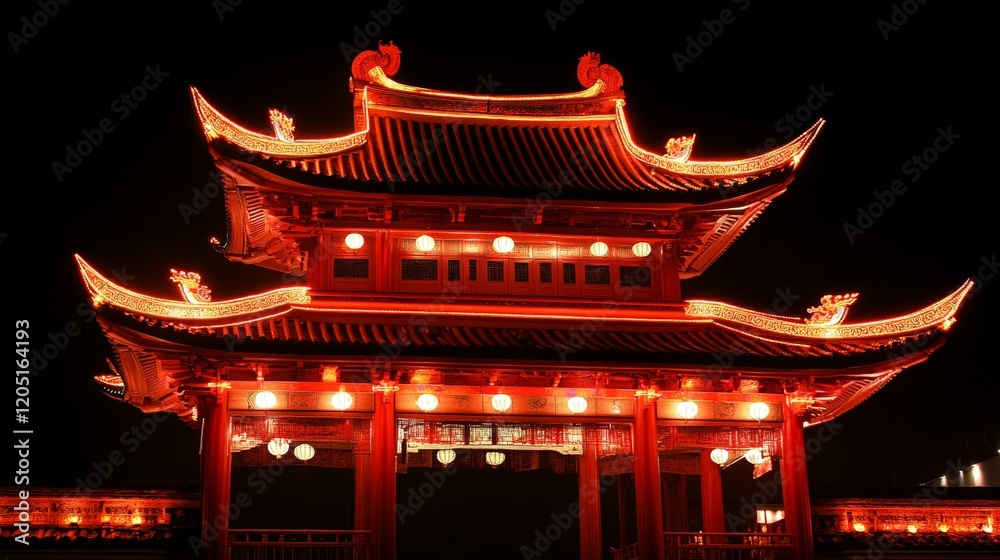 Illuminated Chinese Pavilion Night Architecture Lanterns Festival Illuminated Chinese Pavilion Night Architecture Lanterns Festival