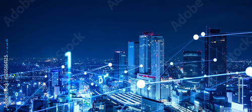 network, city, society, future, dx, system, cyber, security, banner, night view, digital, transformation, internet, online, web, development, engineering, speed, line, radio wave, blockchain, block ch photo