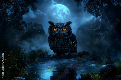 Owl sits on a log over a po...