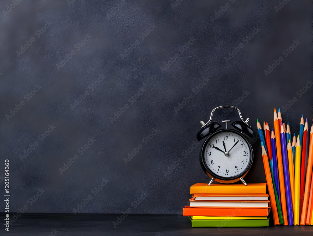 Back to School concept shows alarm clock, colorful books and pencils on dark background quietly. Back to School concept shows alarm clock, colorful books and pencils on dark background quietly.