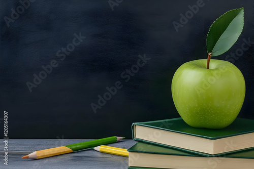 Green Apple Sits Atop Stack...