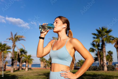 Fit woman drinking water after working out in a park with palm trees