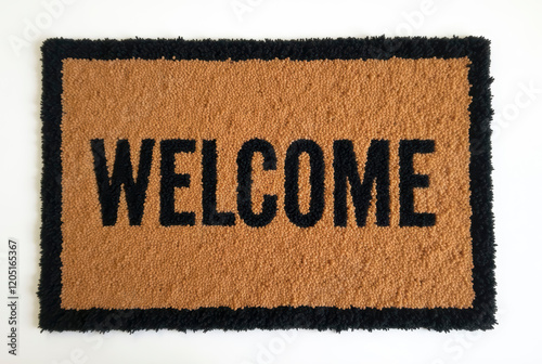 A welcome mat with 'Welcome' in black letters on a beige background