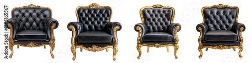 Ornate and lavishly designed Baroque inspired armchairs with tufted velvet upholstery golden accents and intricate wood carvings set against a plain studio backdrop for a high end prestigious feel photo