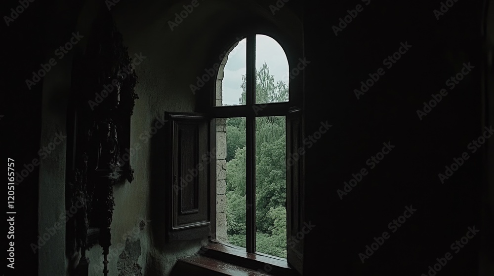 Fototapeta premium A dimly lit window opens to a lush green landscape, creating a serene atmosphere.