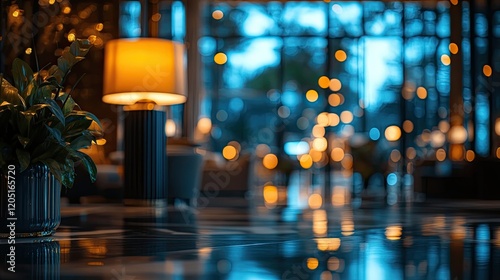 Luxury hotel interior with blurred bokeh lights in the background, capturing elegance, sophistication, and the premium guest experience photo