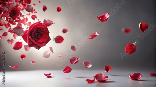Delicate red rose petals gently float upwards in a swirling motion, carried by a soft breeze