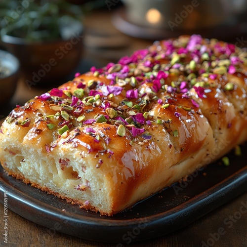 a delicate loaf of bread with pistachio pieces and a subtle rosewater glaze photo