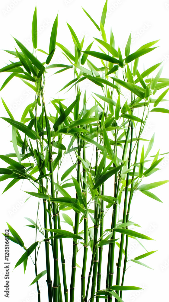Fototapeta premium Green Bamboo Stalks and Leaves Gracefully Reach Upward Against a Pristine White Backdrop.
