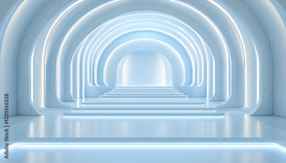 Naklejka premium Futuristic geometric backdrop in soft blue and white tones, perfect for modern presentations AI Generated