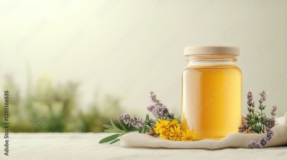 Jar of Raw Honey Surrounded by Colorful Wildflowers in Soft Natural Light Jar of Raw Honey Surrounded by Colorful Wildflowers in Soft Natural Light
