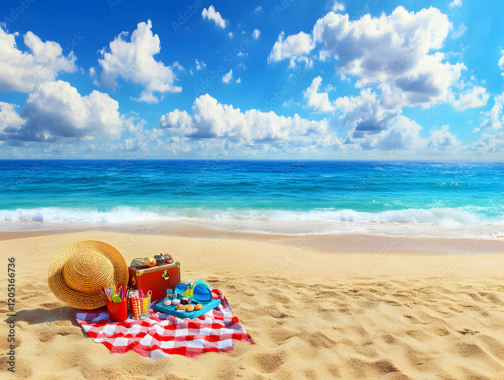 Beach Picnic Setup Enjoys Tranquil Ocean Views Under a Sunny Sky with Fluffy Clouds and Gentle Waves Beach Picnic Setup Enjoys Tranquil Ocean Views Under a Sunny Sky with Fluffy Clouds and Gentle Waves