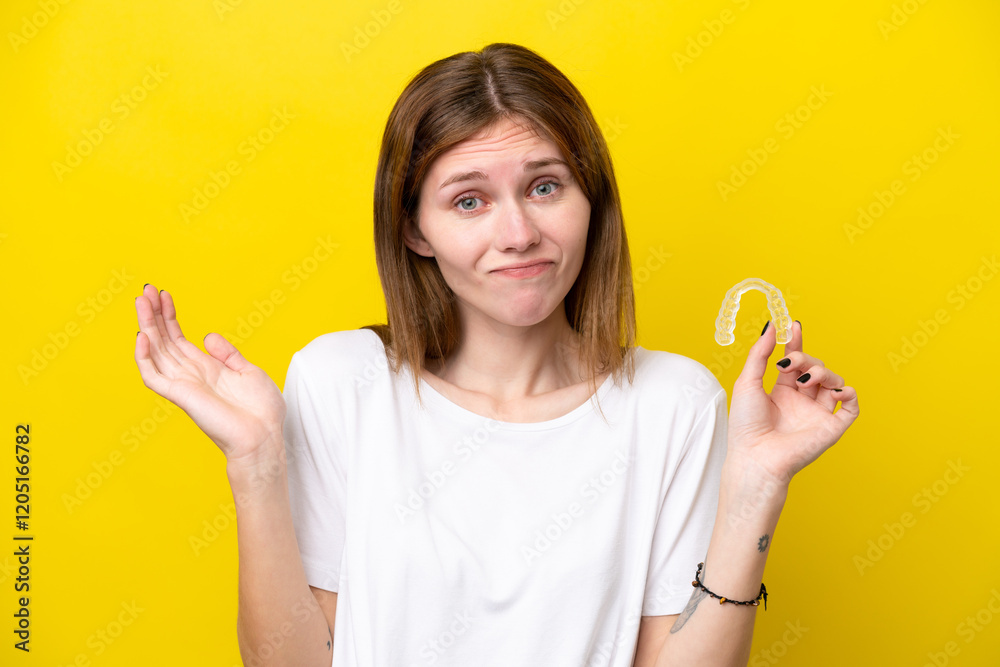 Young English woman holding invisible braces having doubts while raising hands Young English woman holding invisible braces having doubts while raising hands