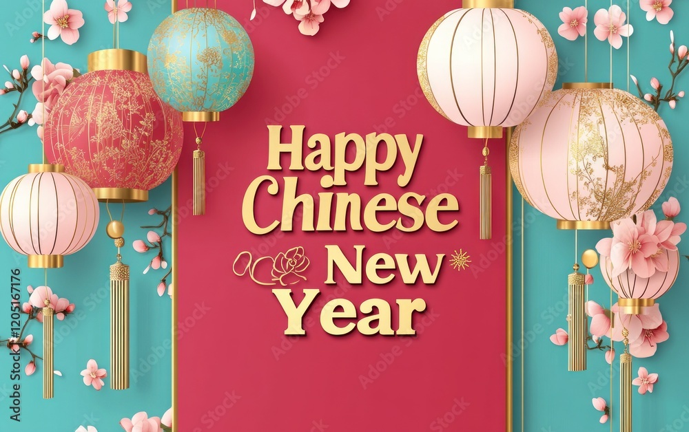 Happy Chinese New Year greeting card with lanterns and cherry blossoms.