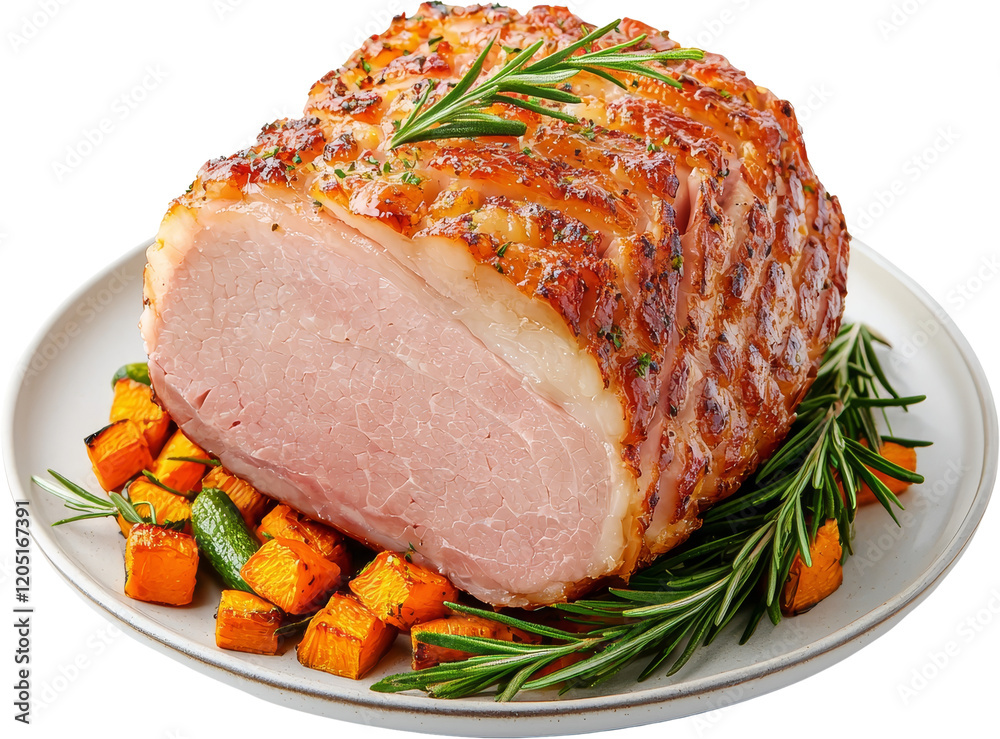 Cooked ham surrounded by vegetables and herbs on a white plate. Cooked ham surrounded by vegetables and herbs on a white plate.