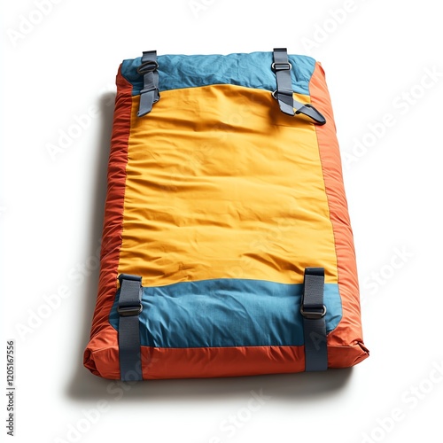 A brightly colored, padded camping mat featuring blue and orange sections, designed for outdoor comfort and easy portability.