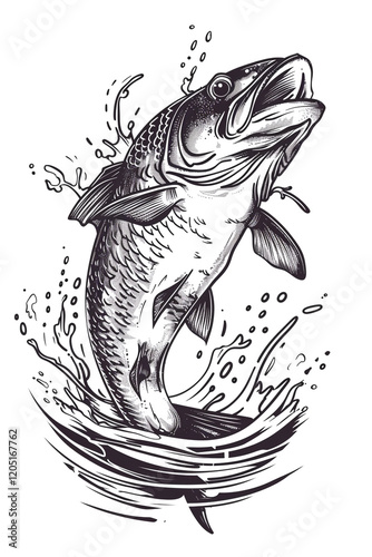 Black and White Illustration of Fish Leaping from Water
