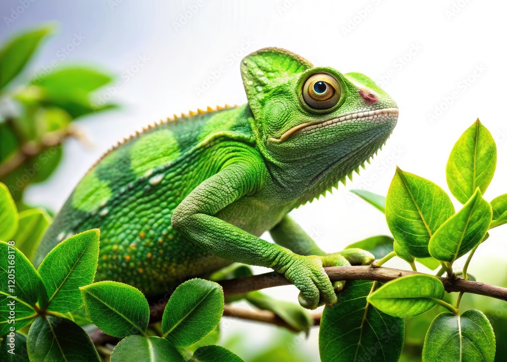 Fototapeta premium A vibrant green chameleon, sharply focused, perched on a verdant branch against a pure white backdrop.