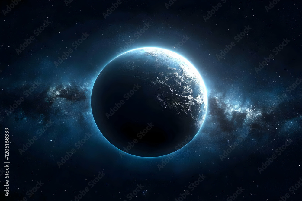 Fototapeta premium Dark Planet Shines in the Cosmic Night with Glowing Atmosphere and Distant Stars
