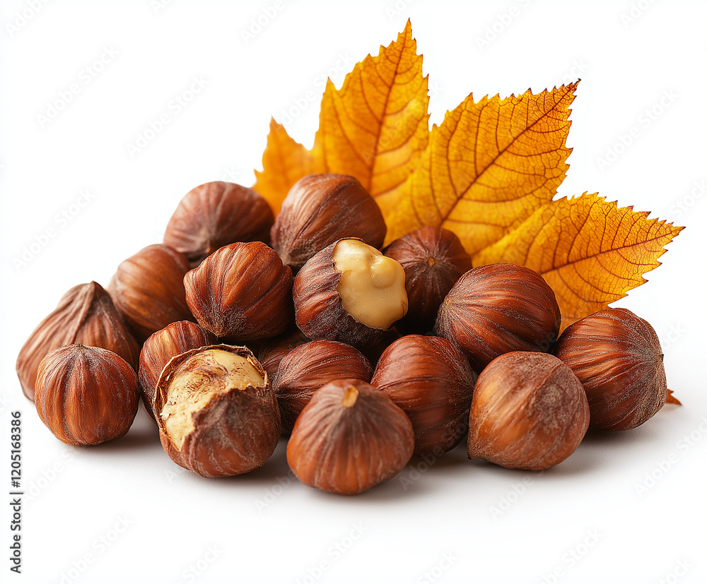 Fresh Hazelnuts with Bright Yellow Maple Leaf on White Background – Perfect Autumn-Themed Food and Nature Concept Image for Seasonal Designs and Promotions Fresh Hazelnuts with Bright Yellow Maple Leaf on White Background – Perfect Autumn-Themed Food and Nature Concept Image for Seasonal Designs and Promotions