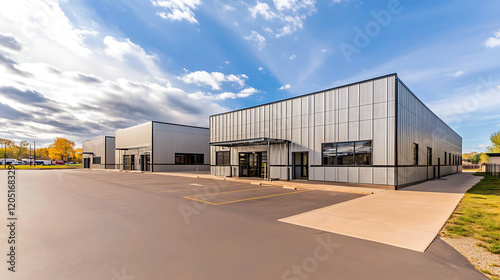 Modern warehouse complex with small office unit. Exterior shows industrial design. Building metal cladding, large loading docks. Empty paved parking lot. Commercial property. Ideal for distribution photo