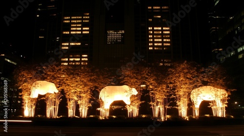 Illuminated Elephant Sculptures City Night Lightscape