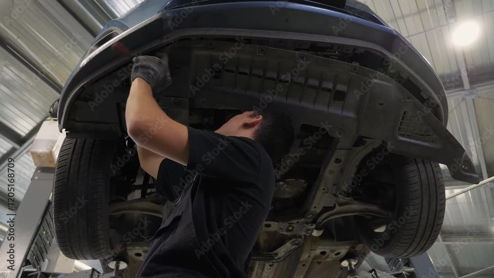 custom made wallpaper toronto digitalAn auto mechanic working under the car on a car lift in the garage, he disassembles the bottom of the car for further repair. Antifreeze drain in the service station. Auto repair shop, auto repair.