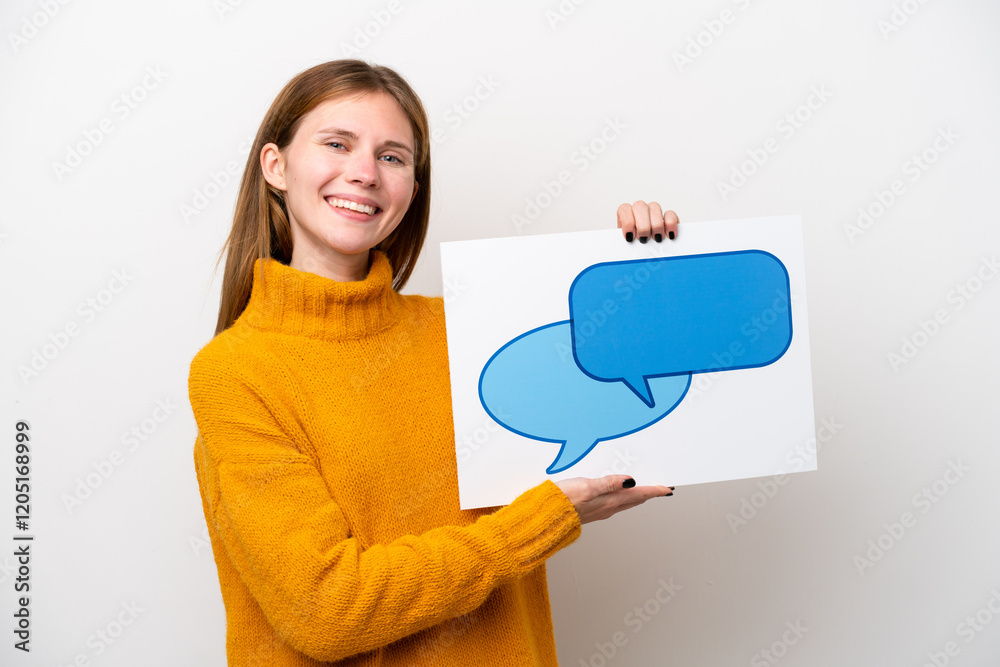 Young English woman isolated on white background holding a placard with speech bubble icon with happy expression Young English woman isolated on white background holding a placard with speech bubble icon with happy expression