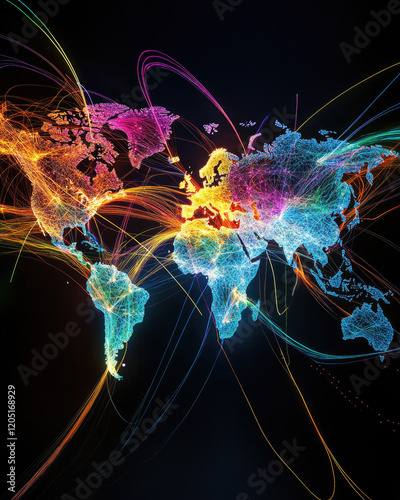 A high-tech global map visualized with bright, multicolored lines of light linking continents on a sleek black backdrop 