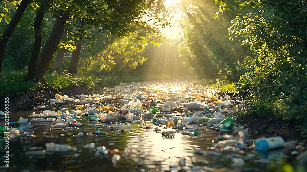 Plastic Pollution in a Sunny Forest Stream Plastic Pollution in a Sunny Forest Stream