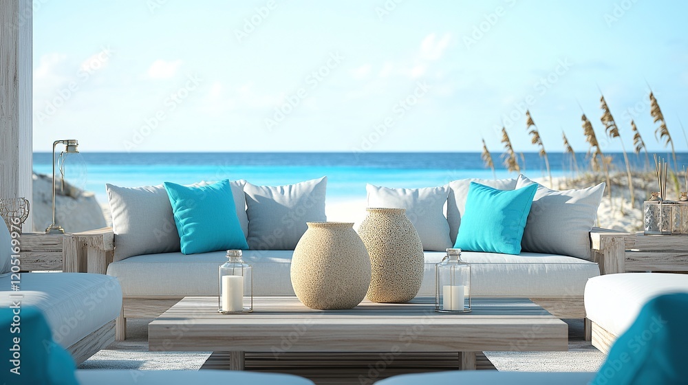 Obraz premium A contemporary beachside living room with light gray sofas and turquoise throw pillows. 