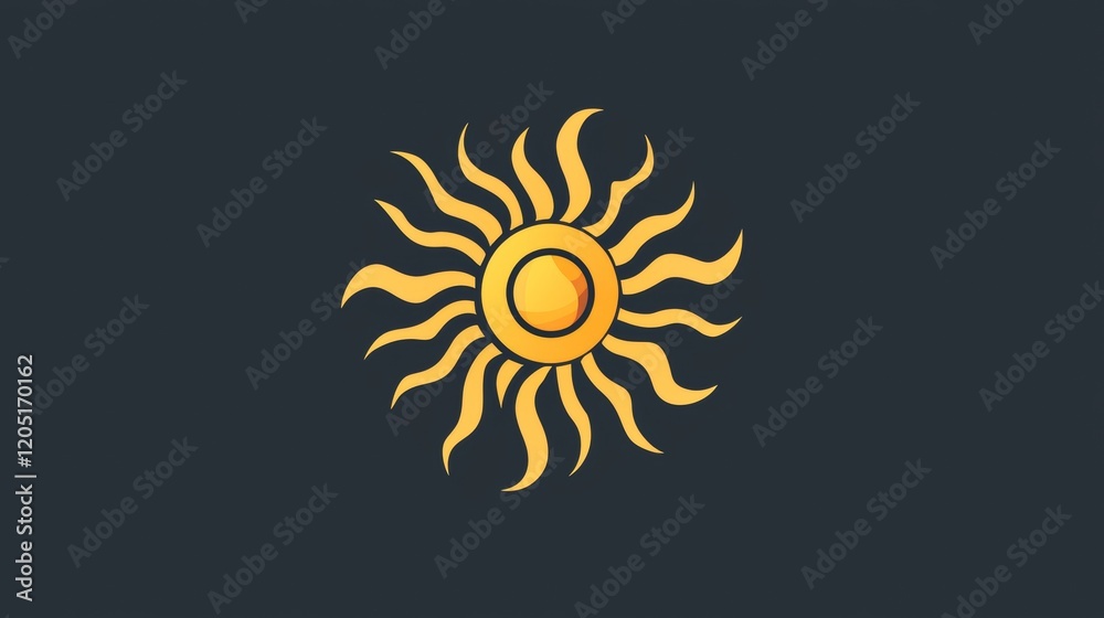 Fototapeta premium Bright yellow sun emblem with bold rays on a dark background representing warmth and energy