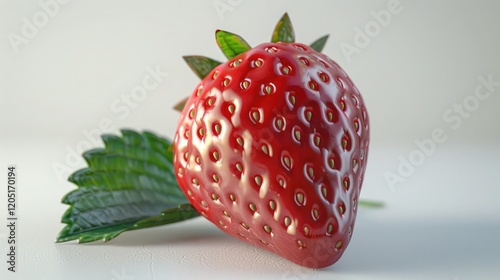 a luscious strawberry isolated on a transparent PNG, with a nearby strawberry leaf on a white surface