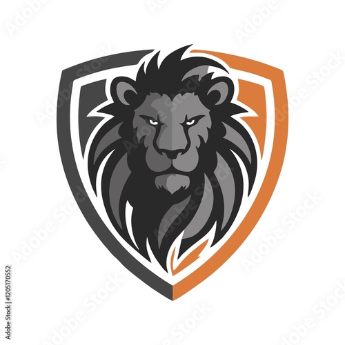 A bold, stylized lion logo is shown on a shield shape with black and orange background. lion logo photo