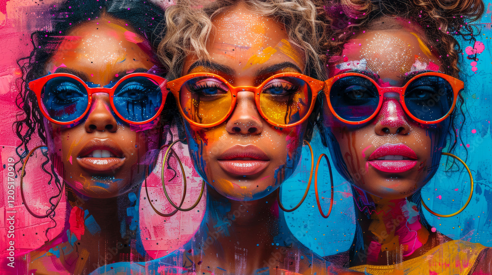 Group gang of 3 multi ethnic lucky girls in sparkly pop art bright colour outfit. Creative lucky girls in glasses concept. Close up. Group gang of 3 multi ethnic lucky girls in sparkly pop art bright colour outfit. Creative lucky girls in glasses concept. Close up.