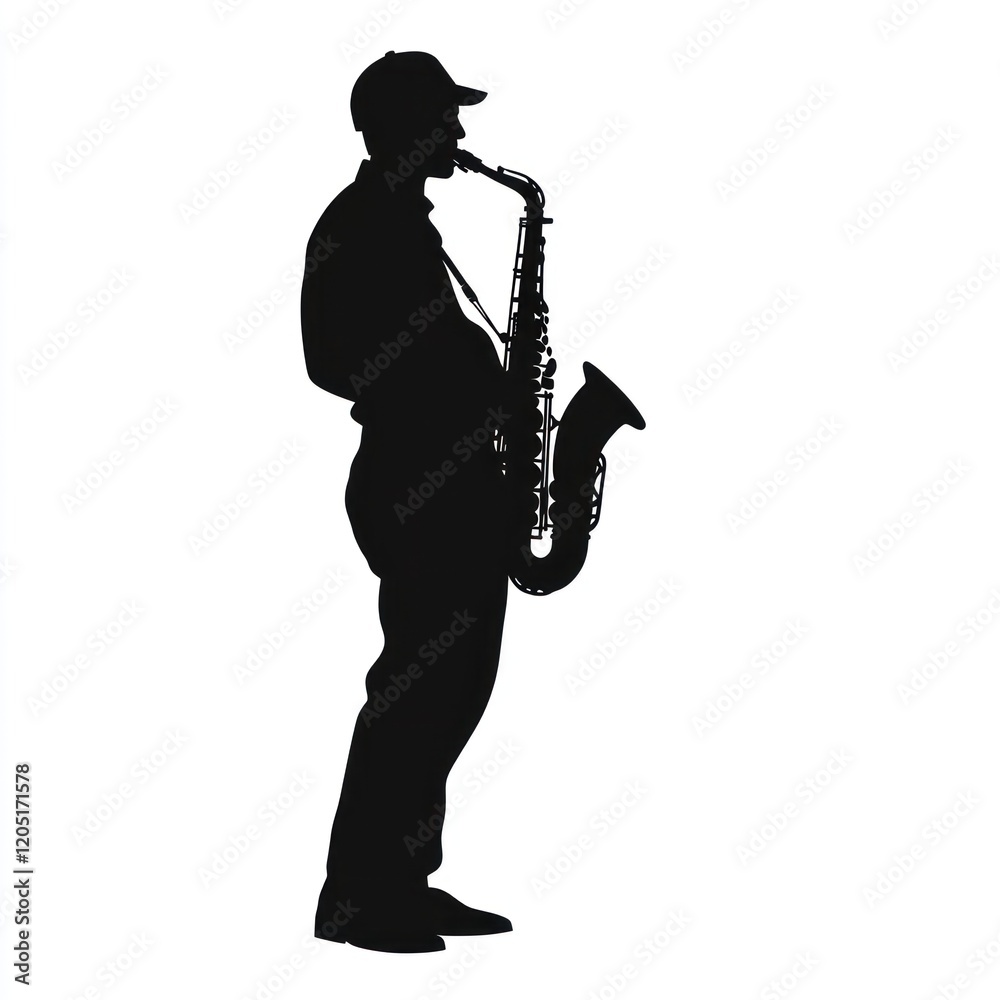 Naklejka premium Saxophonist silhouette, playing jazz, white background, music poster design.