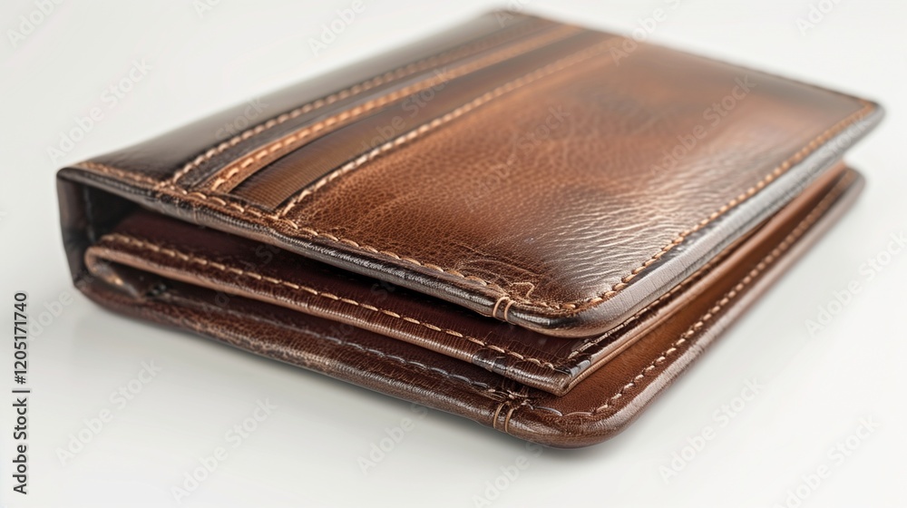 A leather wallet with multiple compartments and sleek stitching details, displayed on a white background. A leather wallet with multiple compartments and sleek stitching details, displayed on a white background.
