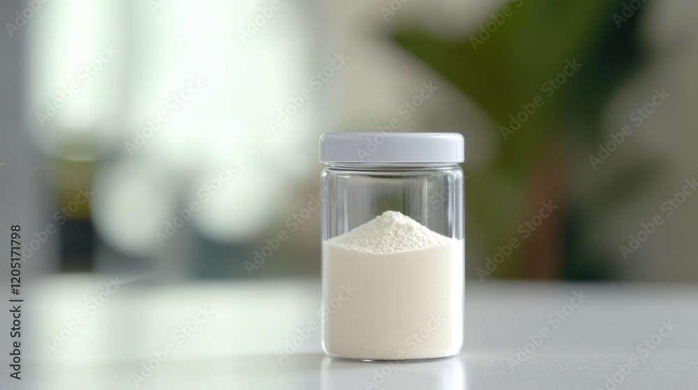 Glass jar filled with collagen placed on a minimalist table, a natural elixir for enhancing skin elasticity, fortifying bones, lubricating joints, and supporting intestinal health. Glass jar filled with collagen placed on a minimalist table, a natural elixir for enhancing skin elasticity, fortifying bones, lubricating joints, and supporting intestinal health.